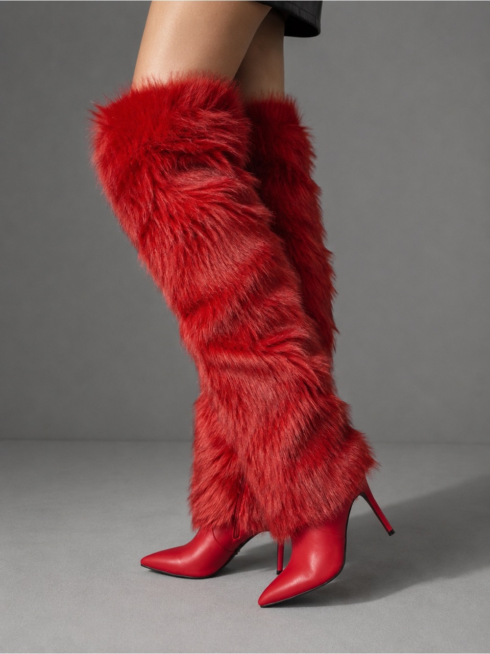 Red Faux Fur Thigh-High Stiletto Boots – Size 6 – NIB ❤️🔥